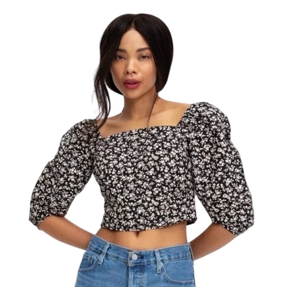 Levi’s Black Floral Puff Sleeve Square Neck Crop Top | Cottagecore | NWT XL - Picture 5 of 12